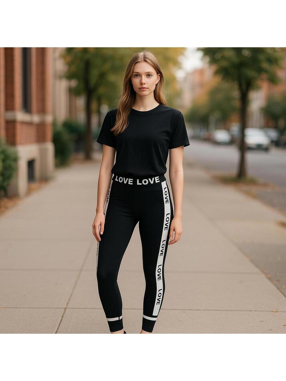 Women's S/M "LOVE" Black Leggings Yoga Activewear High Waist